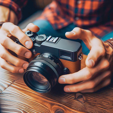 Hands of young man taking picture with vintage camera on wooden tableの素材