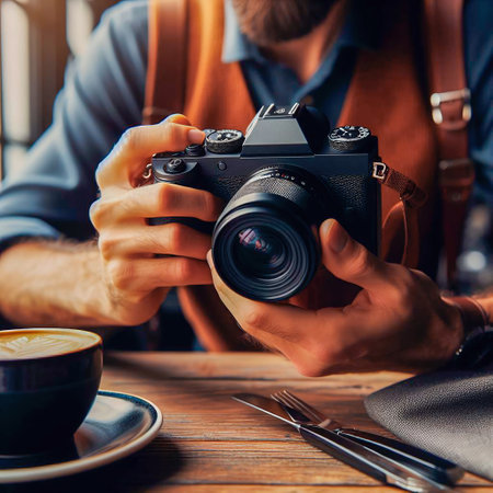 Man taking photo of cup of coffee in cafe. Focus on cameraの素材