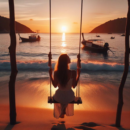 a woman on a swing in the sunset backgroundの素材