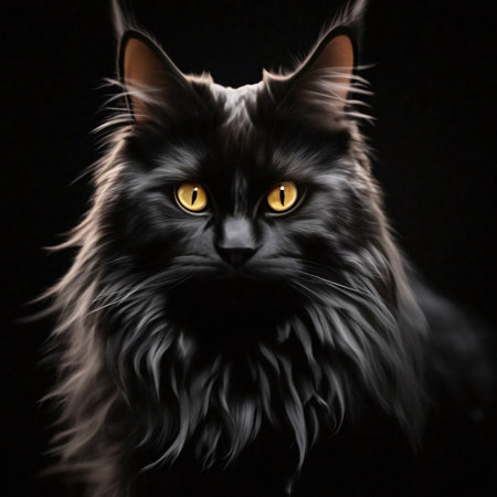 black Maine Coon cat on a black backgroundの素材