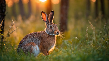 Young hare (Lepus europaeus) at sunset.の素材
