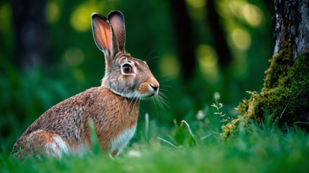 Cute brown hare sitting on green grass in summer forest.の素材