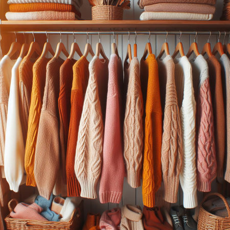 Colorful sweaters on hangers in wardrobe. Stylish clothes hanging on rail.の素材