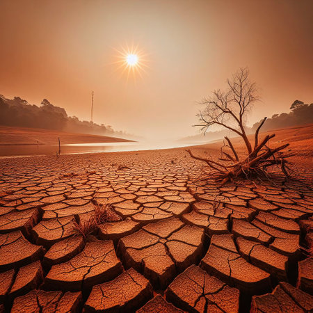 Dry and cracked earth with dead tree. Global warming concept.の素材