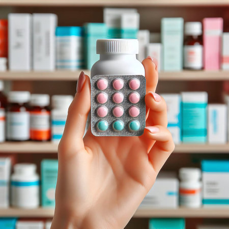 Female hand holding pack of pills on shelves in pharmacy. Healthcare and medicine conceptの素材