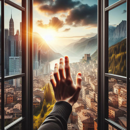 Hand of businesswoman reaching out from the window to the city.の素材