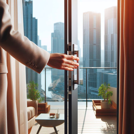 Woman's hand opens the door to the balcony with a view of the cityの素材