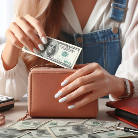 Woman with wallet and money on table, closeup. Finance conceptの素材