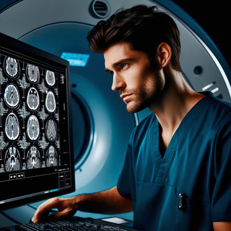 Handsome young radiologist working with computer in medical office.の素材