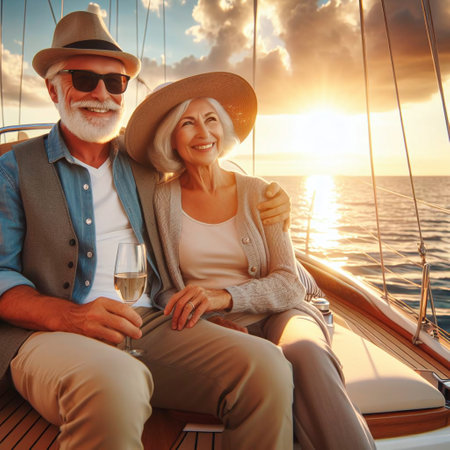 Beautiful senior couple sitting on the deck of a yacht at sunsetの素材