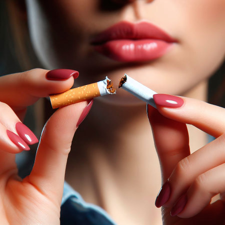 Close-up portrait of a young woman breaking a cigarette. Smoking concept.の素材