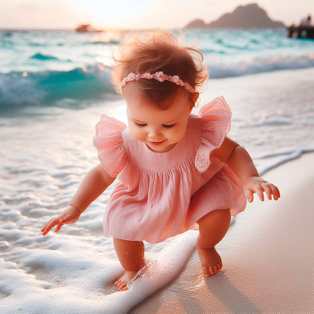 Cute baby girl playing on the beach at the day time.の素材