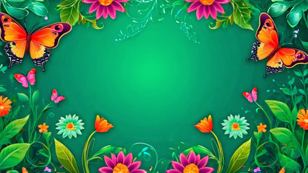 Green background with flowers and butterflies. Vector illustration for your design.の素材