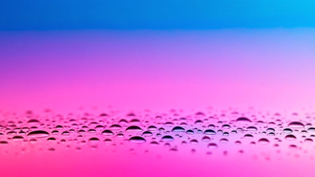 Water drops on pink and blue background with copy space. Abstract background.の素材