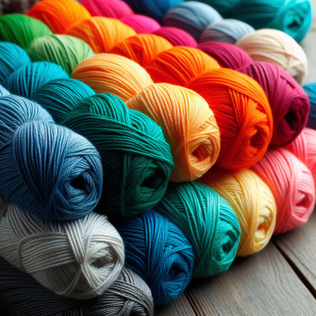 Colorful skeins of thread for knitting on a wooden background.の素材