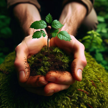 Hands holding young green plant on moss background. Environment protection conceptの素材