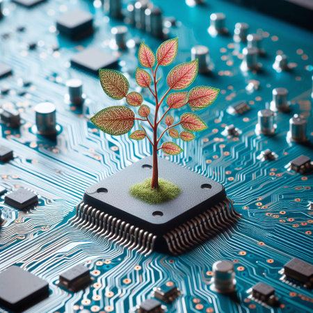 Close-up of a microcircuit with a plant on itの素材