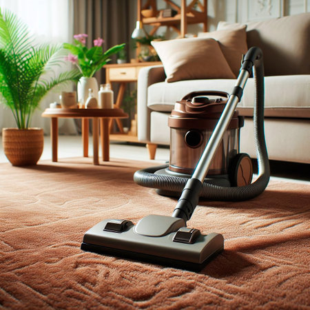 Vacuum cleaner cleaning carpet in living room. Housekeeping conceptの素材