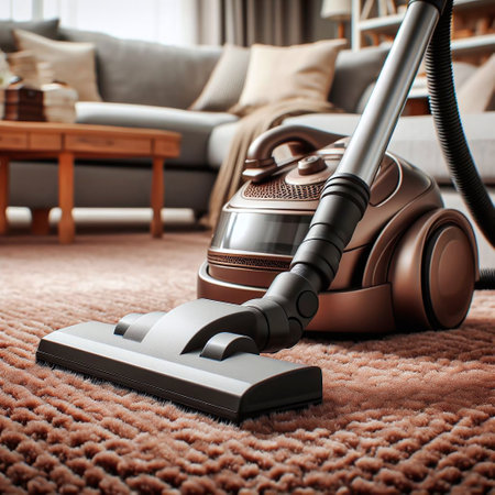 Vacuum cleaner cleaning carpet in living room. Housework conceptの素材
