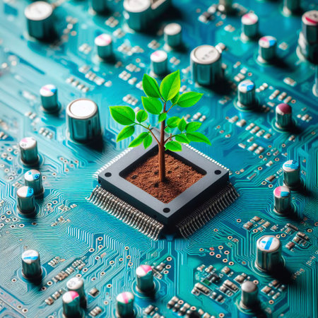 Green plant growing on microcircuit. Biotechnology and biotechnology concept.の素材