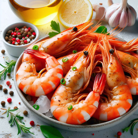 Shrimps with lemon and spices on a stone background. Selective focus.の素材