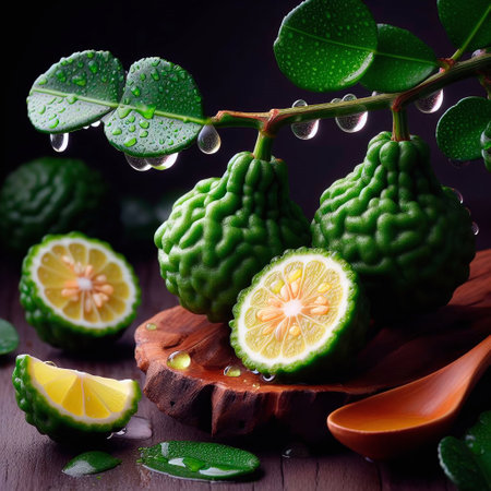 Bergamot fruit with leaves and water drops on wooden backgroundの素材