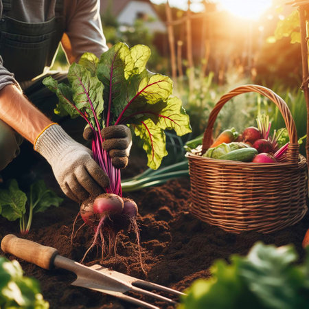 Cropped image of young male gardener working with fresh beetroots in gardenの素材