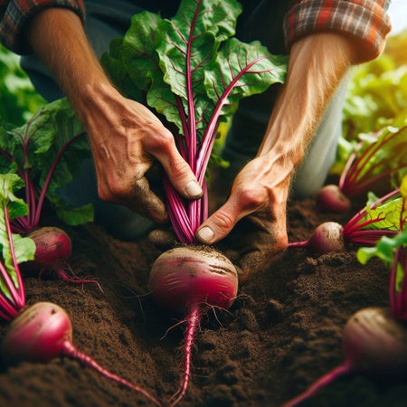 Closeup of male hands holding fresh beetroots in soil. Harvesting concept.の素材