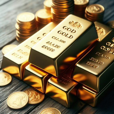 Stack of gold bars and coins on wooden table. Finance and banking concept.の素材