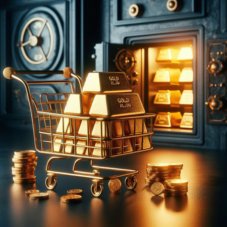 Shopping cart with gold bars and gold ingots on dark backgroundの素材