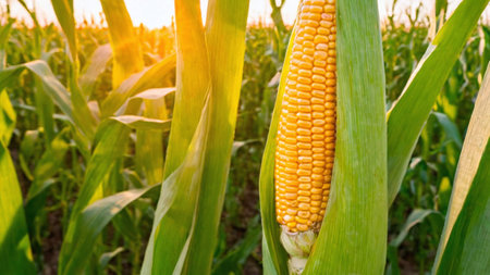 Ripe corn on the cob in the field, close-upの素材
