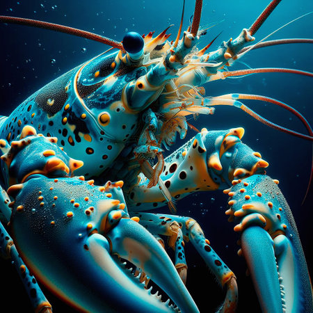 3D rendering of a crayfish on a dark blue backgroundの素材