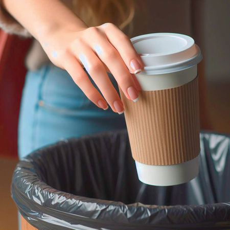 Female hand holding a paper cup of coffee. Close-up.の素材