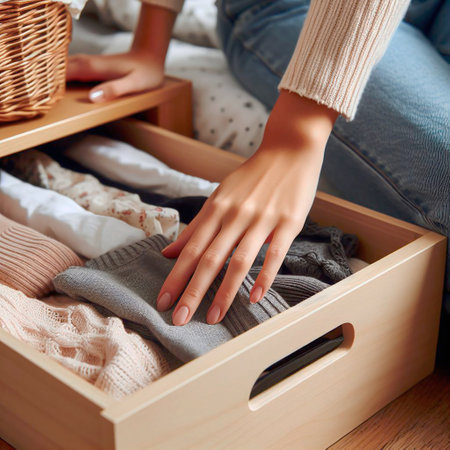 Female hands in open drawer with knitted sweaters. Closeupの素材