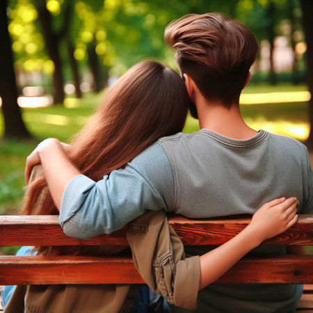 Young couple sitting on bench in park, back view. Relationship conceptの素材