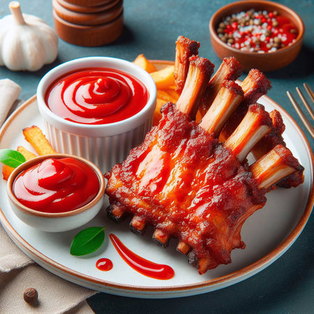 Grilled pork ribs served with ketchup and French fries on a plate.の素材