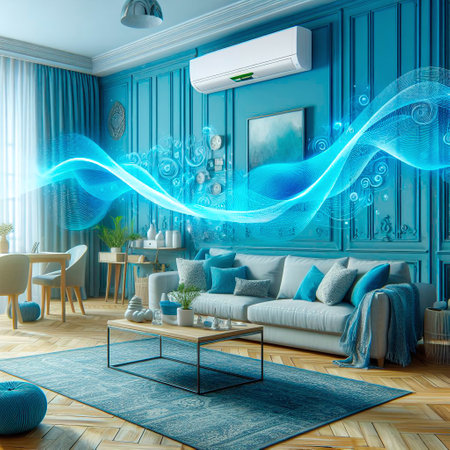 modern living room with air conditioner and blue walls, 3d renderの素材