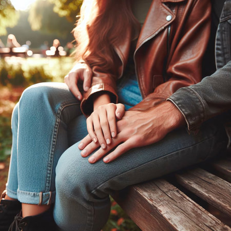 Cropped image of young couple holding hands while sitting on bench in parkの素材