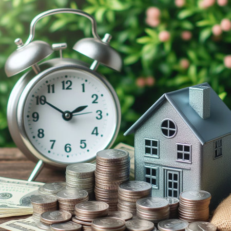 House model with coins and alarm clock on the background of green leaves.の素材