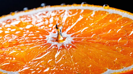 Close up of orange slice with water droplets on black background.の素材