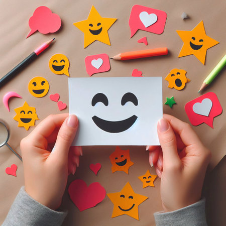 Female hands holding a card with a smiley face and red hearts.の素材