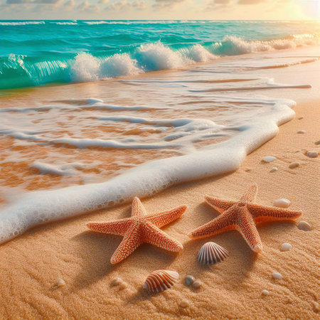 Starfish and seashells on a sandy beach at sunset.の素材
