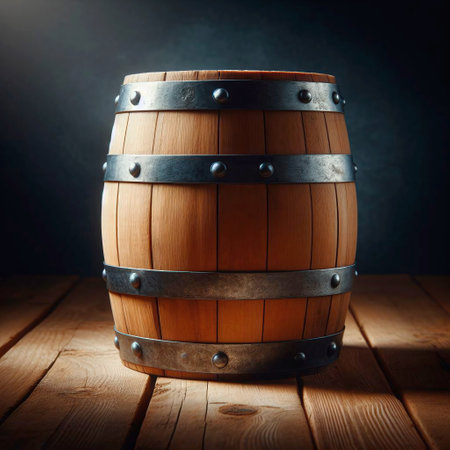 Wooden barrel for wine on wooden table. Vintage style toned pictureの素材