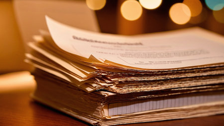 Close up of a stack of documents on a desk in a restaurantの素材