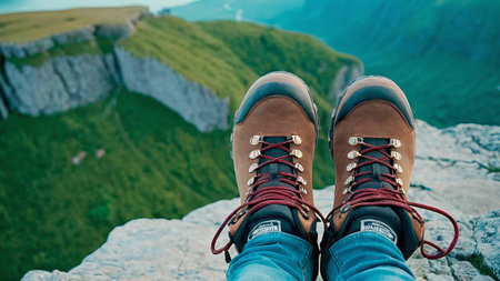 Hiking boots on the top of a mountain. Travel and adventure conceptの素材