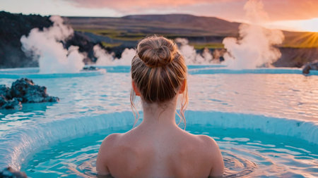 Young woman in a hot spring in Iceland, looking at the volcanoの素材