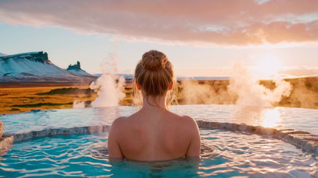 Young woman relaxing in a hot tub in Iceland at sunset time.の素材