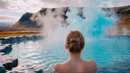 Young woman in a hot spring in Iceland. The girl is bathing in a hot spring.の素材