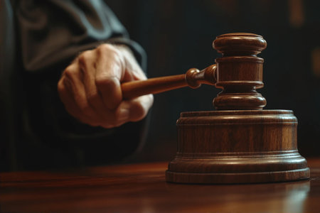 Judge's hand with wooden gavel on the table, closeupの写真素材