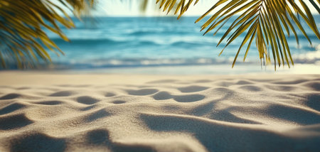 Tropical beach background with palm leaves and sand. Copy space.の写真素材